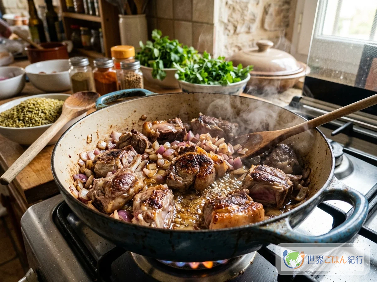 手順1: 羊肉に焼き色をつける（5〜6分）