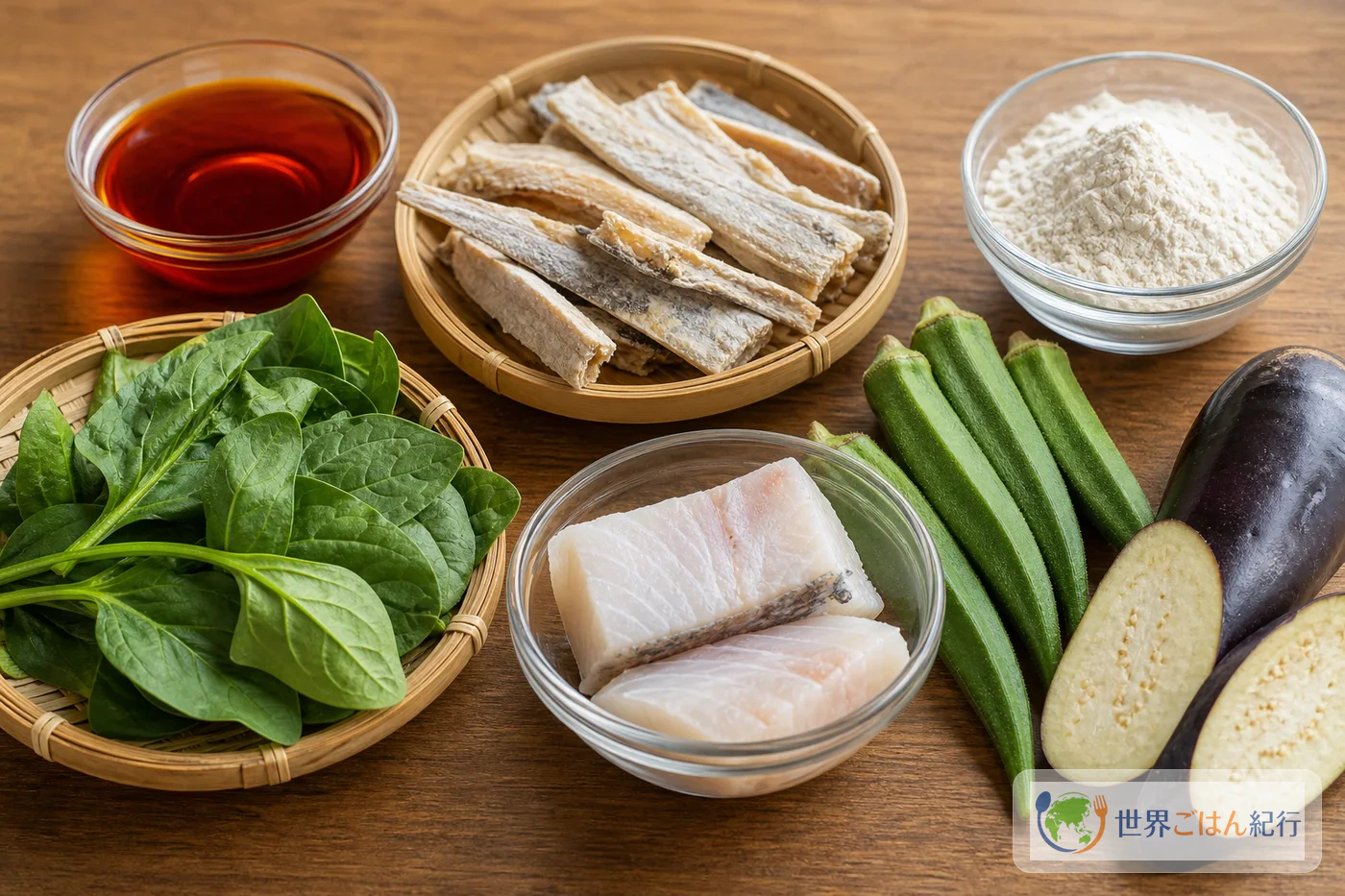 干し魚、赤いパーム油、青菜、オクラ、キャッサバ粉を並べたカルルの代替食材