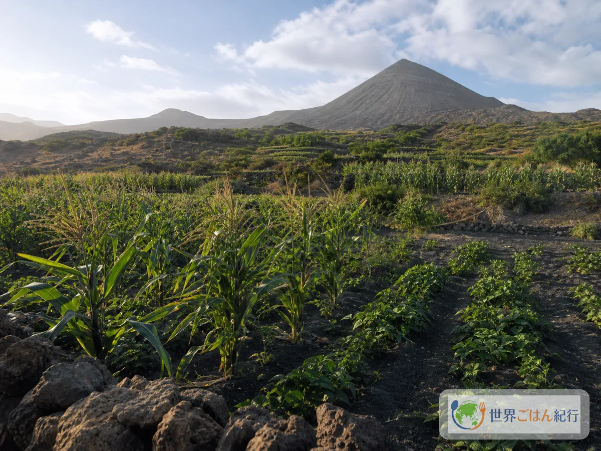火山性の大地と山並みが広がるカーボベルデの島の風景