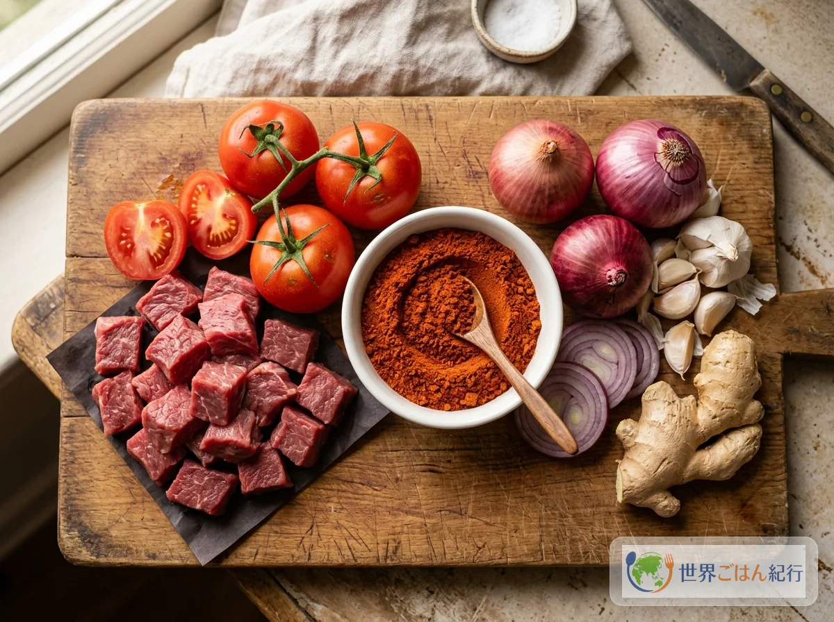 ズィグニの材料。牛肉、トマト、玉ねぎ、にんにく、生姜、ベルベレスパイスパウダーが木のまな板に並ぶ