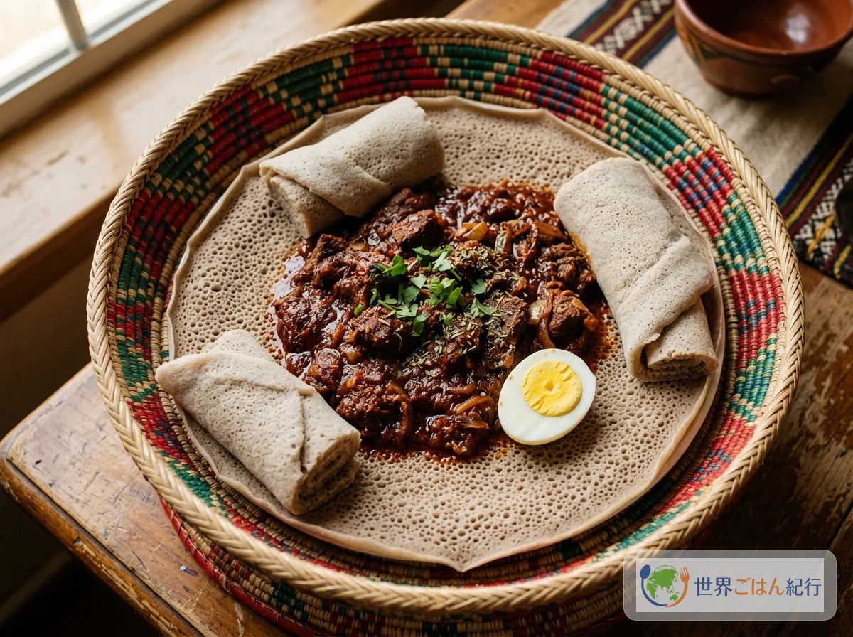 インジェラの上にズィグニと付け合わせが盛られた一皿。手で食べるスタイル