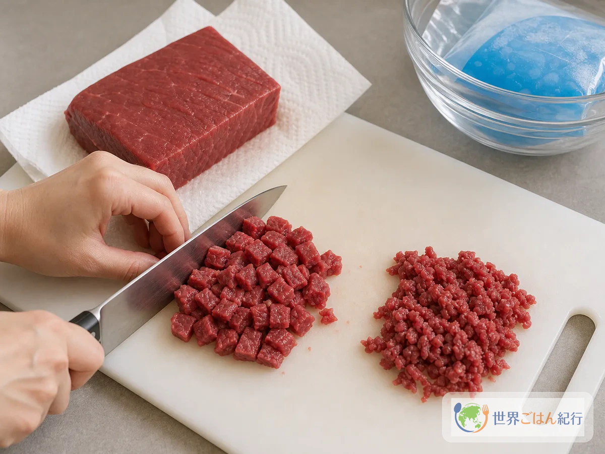 手順3: 牛肉を冷たいまま細かく刻む(8分)