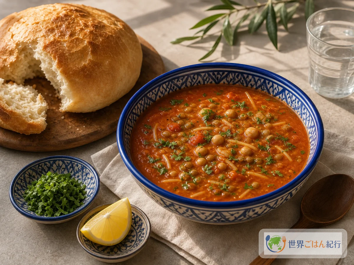 ハリラ、パン、レモン、香草を置いた食卓