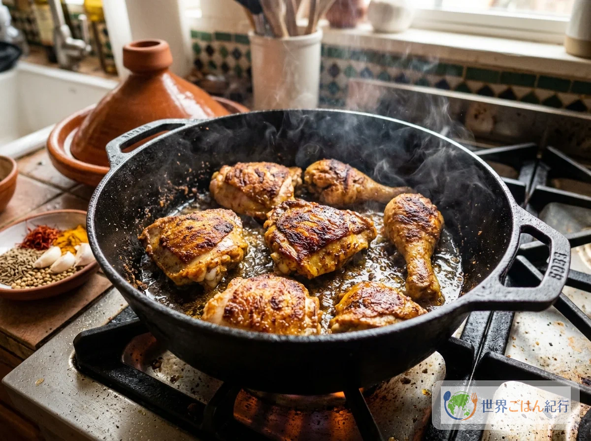 鶏肉をタジン鍋で焼きつける工程