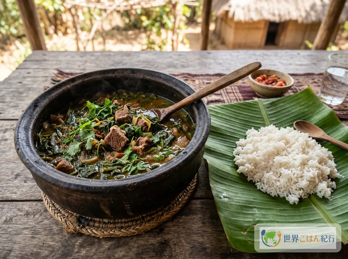 マダガスカルの国民食ルマザヴァ。緑の葉野菜と牛肉の煮込みが土鍋に入り、白飯が添えられている