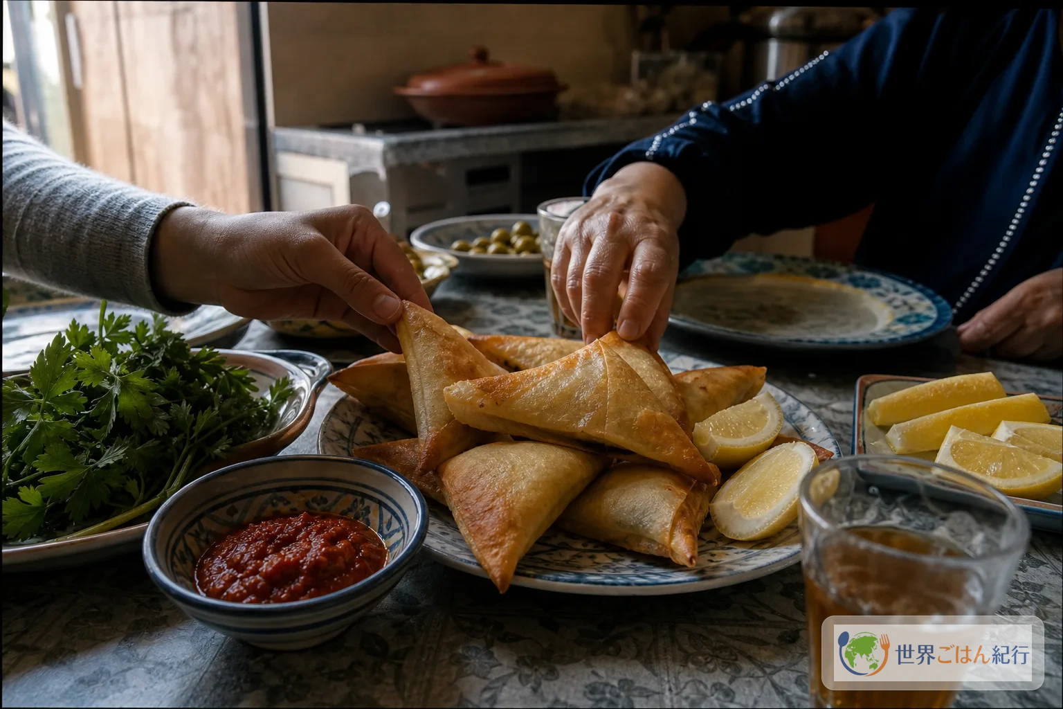 ブリックを囲むチュニジアの食卓。薄い三角形の揚げパイ、ハリッサ、レモン、ハーブを並べる