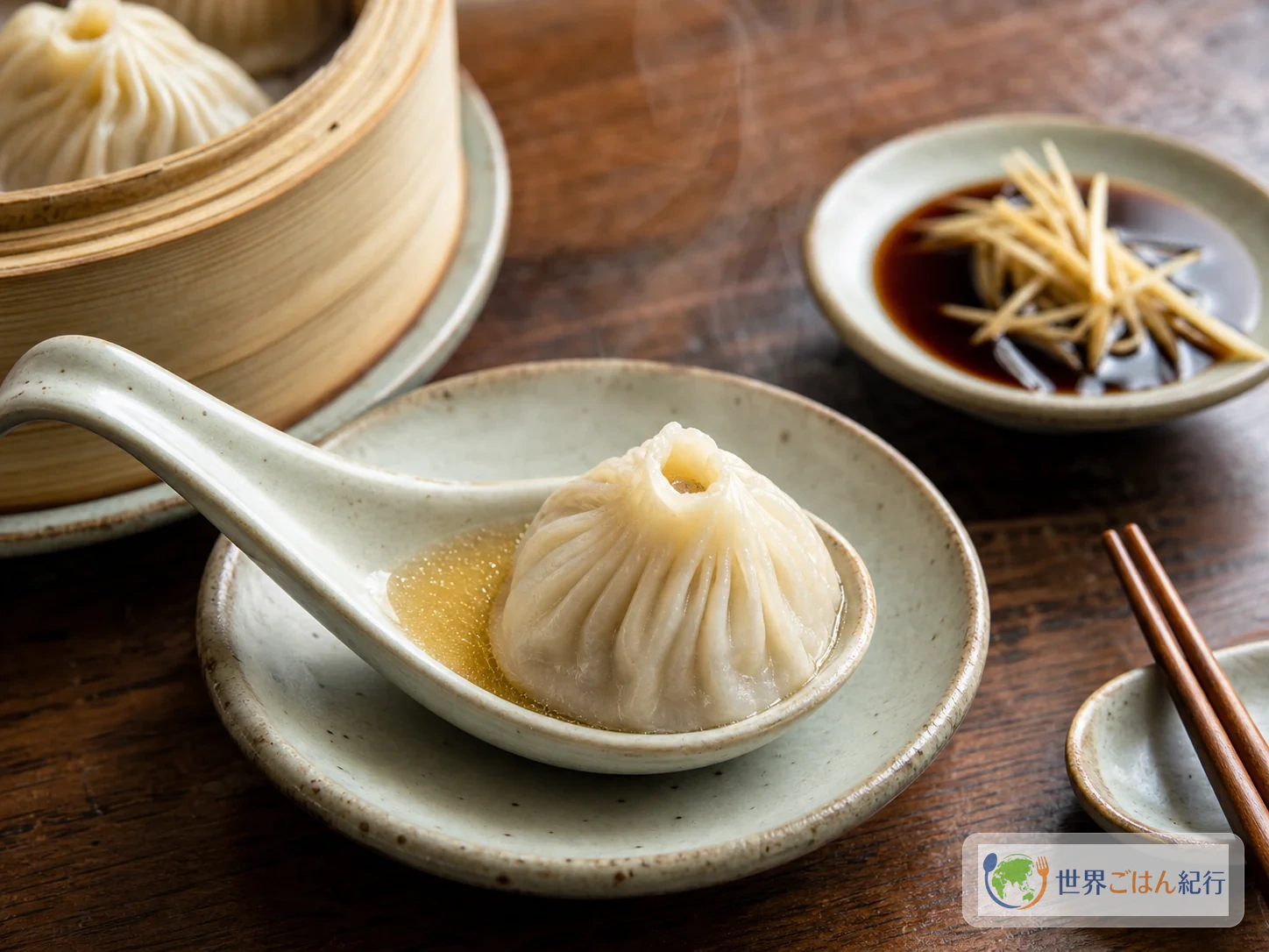小籠包をれんげ、黒酢、針しょうがと一緒に並べた食べ方の案内写真