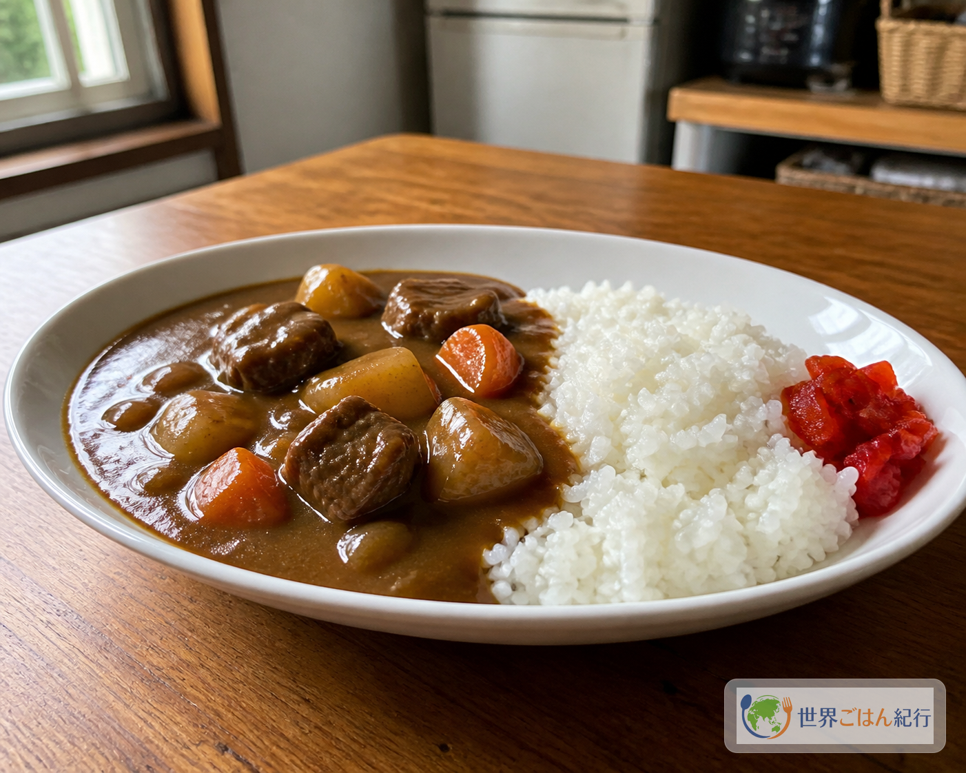 白いご飯の脇にとろみのある牛肉と野菜のカレーを盛り、福神漬けを添えた日本のカレーライス