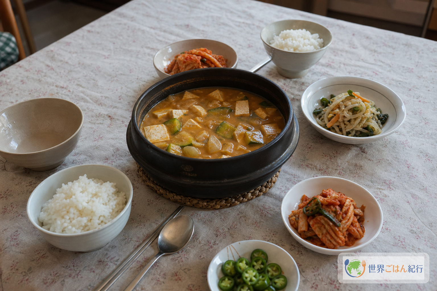 テンジャンチゲ、白ご飯、キムチ、青菜のナムルを並べた韓国の食卓