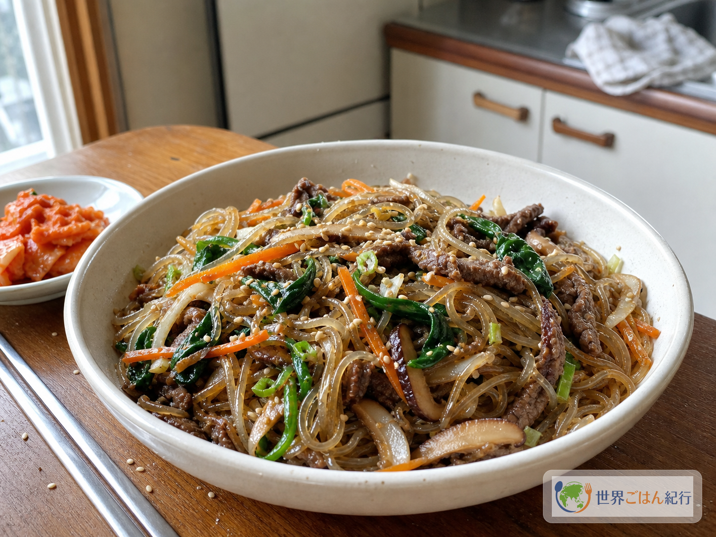 韓国春雨、牛肉、ほうれん草、にんじん、玉ねぎ、しいたけをごま油で和えたチャプチェ