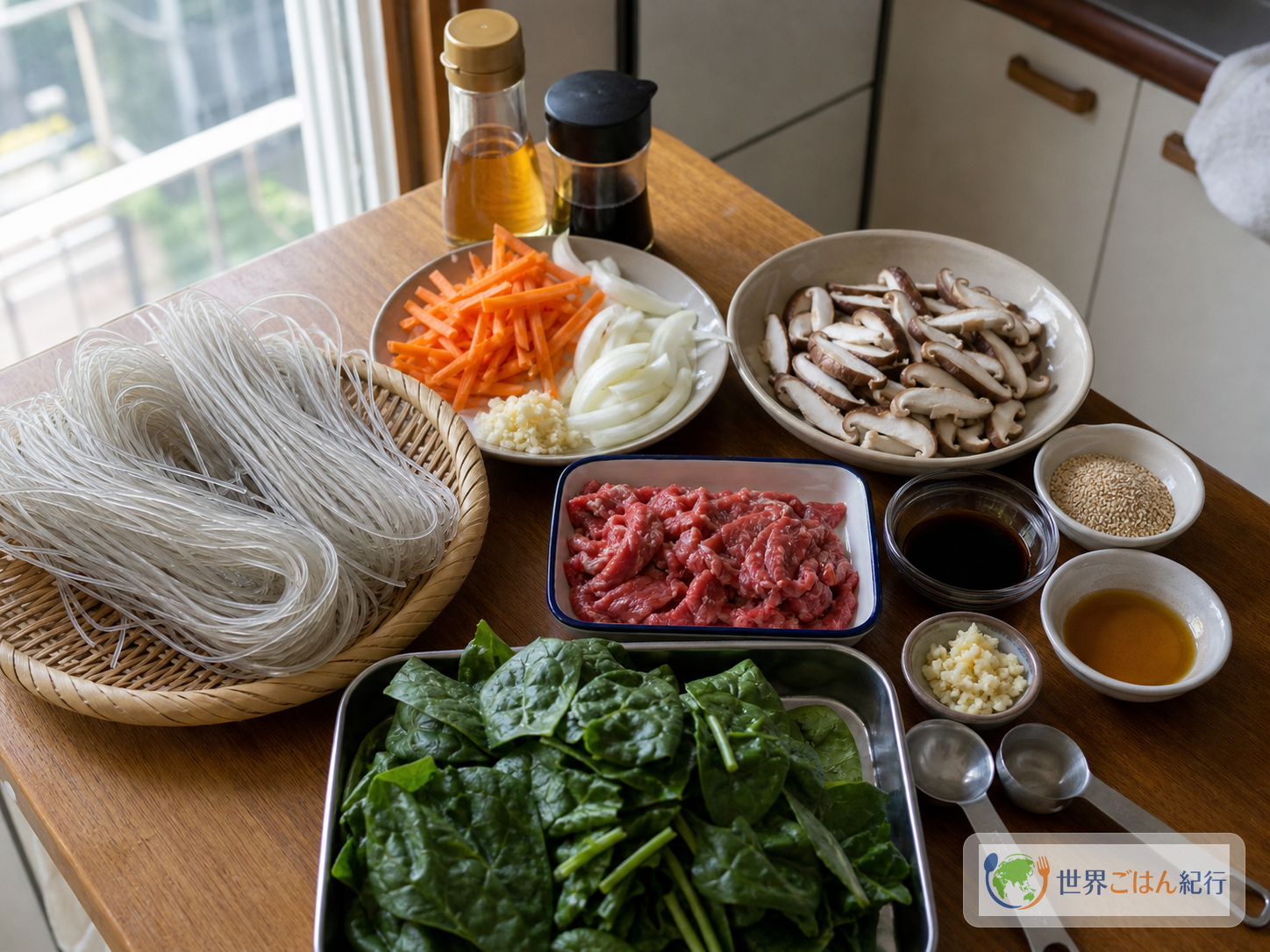 韓国春雨、牛肉、ほうれん草、にんじん、玉ねぎ、しいたけ、しょうゆ、ごま油を並べたチャプチェの材料