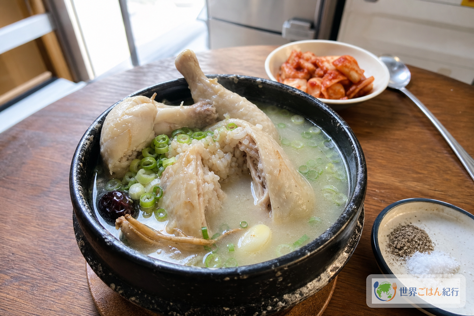 若鶏、もち米、なつめ、にんにくを白いスープで煮た韓国のサムゲタン