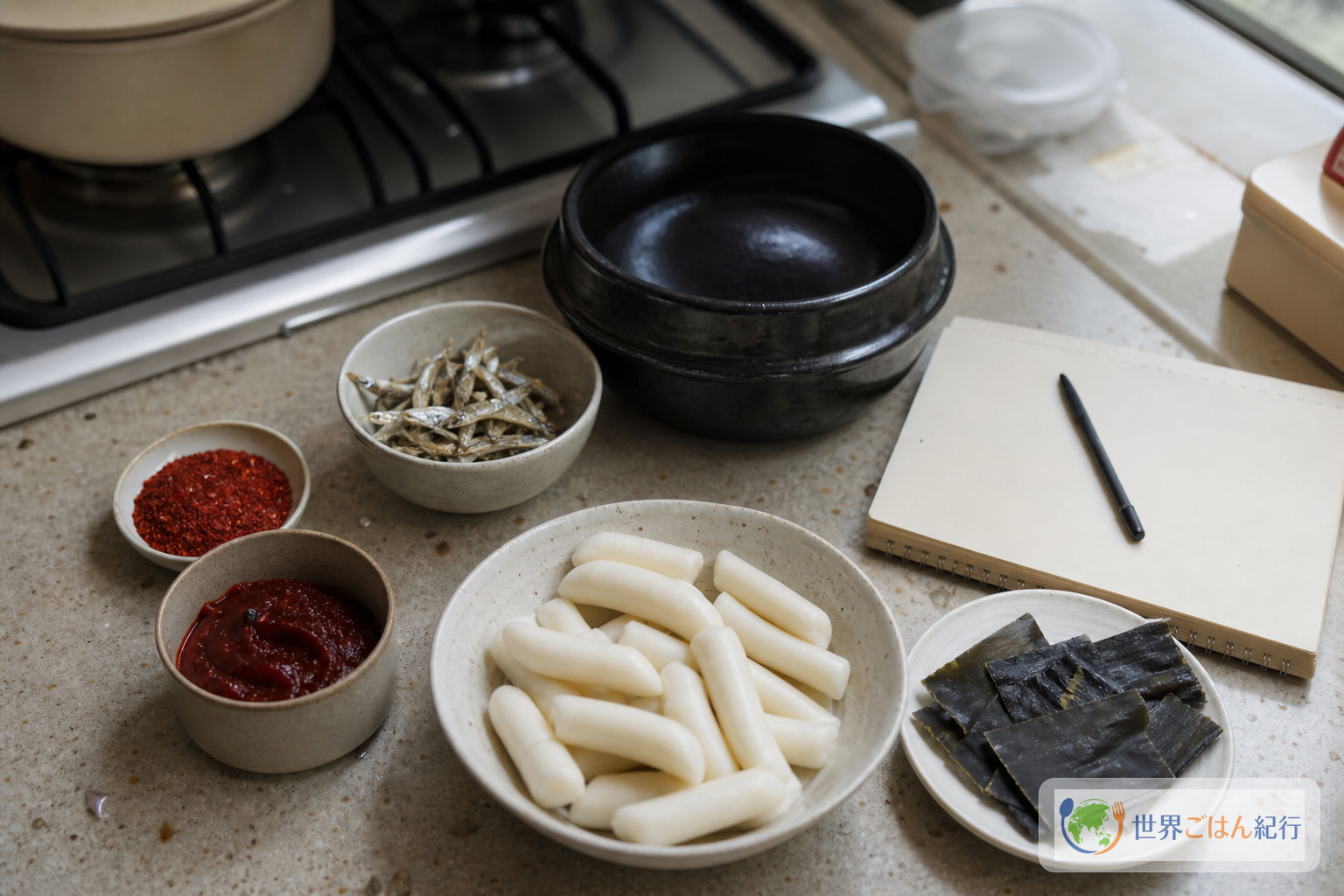 韓国餅、コチュジャン、コチュカル、煮干し、昆布、小さな黒い鍋を並べた買い出し材料