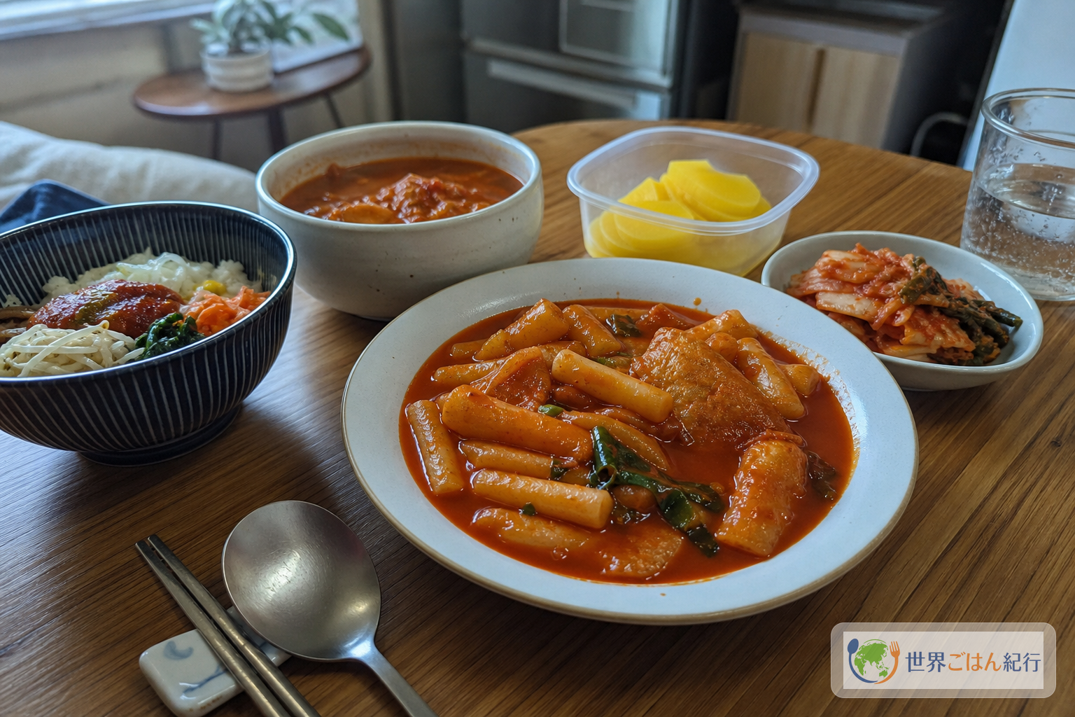 トッポッキ、キムチ、小さな副菜を並べた韓国の家庭食卓