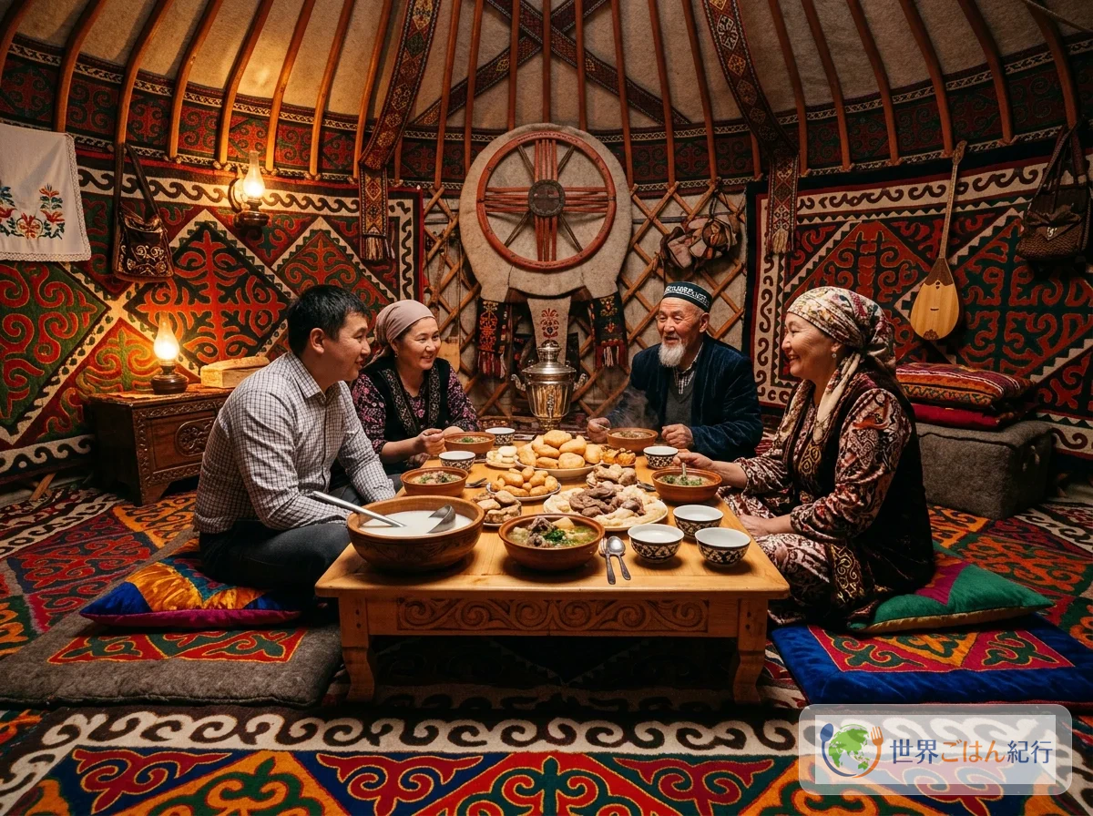 カザフスタンの伝統的なユルト内での食事風景。ダスタルハンに料理が並ぶ