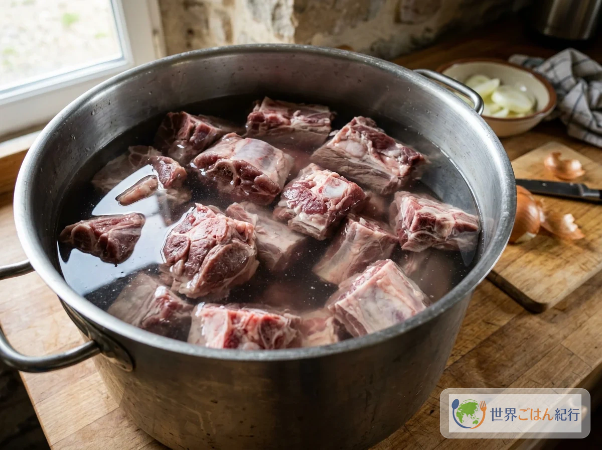 手順1: 肉を茹で始める（2時間）