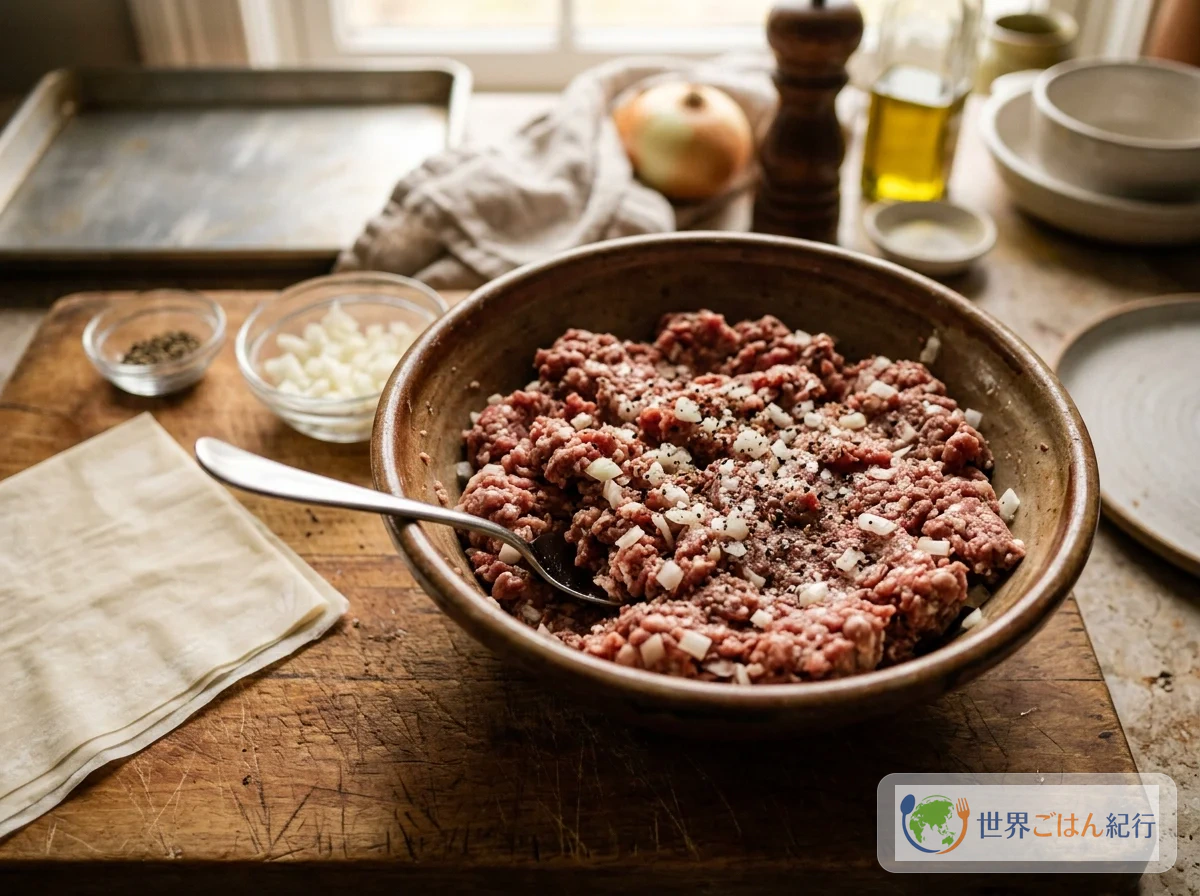 挽肉フィリング。牛挽肉と玉ねぎを塩・胡椒で味付けしたシンプルな材料