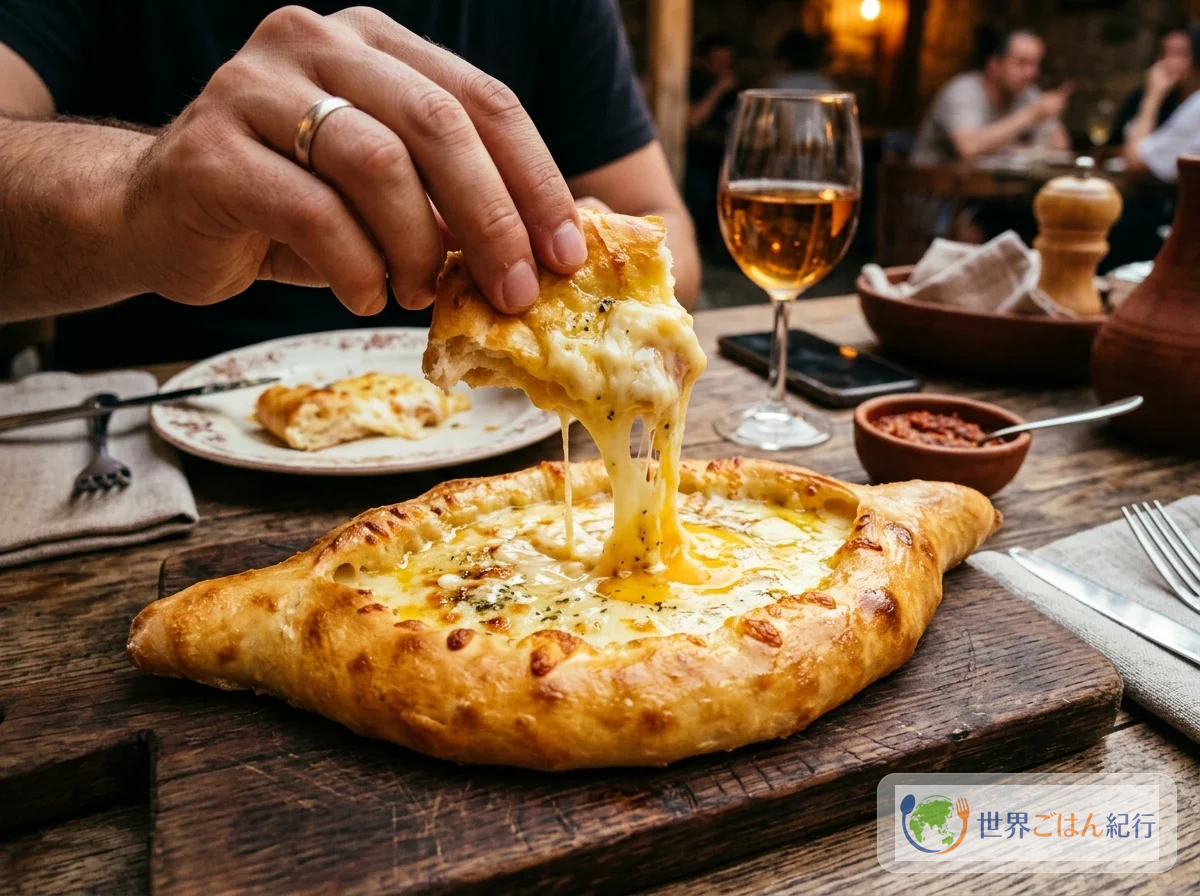 パンの縁をちぎってとろけるチーズに絡めて食べる様子
