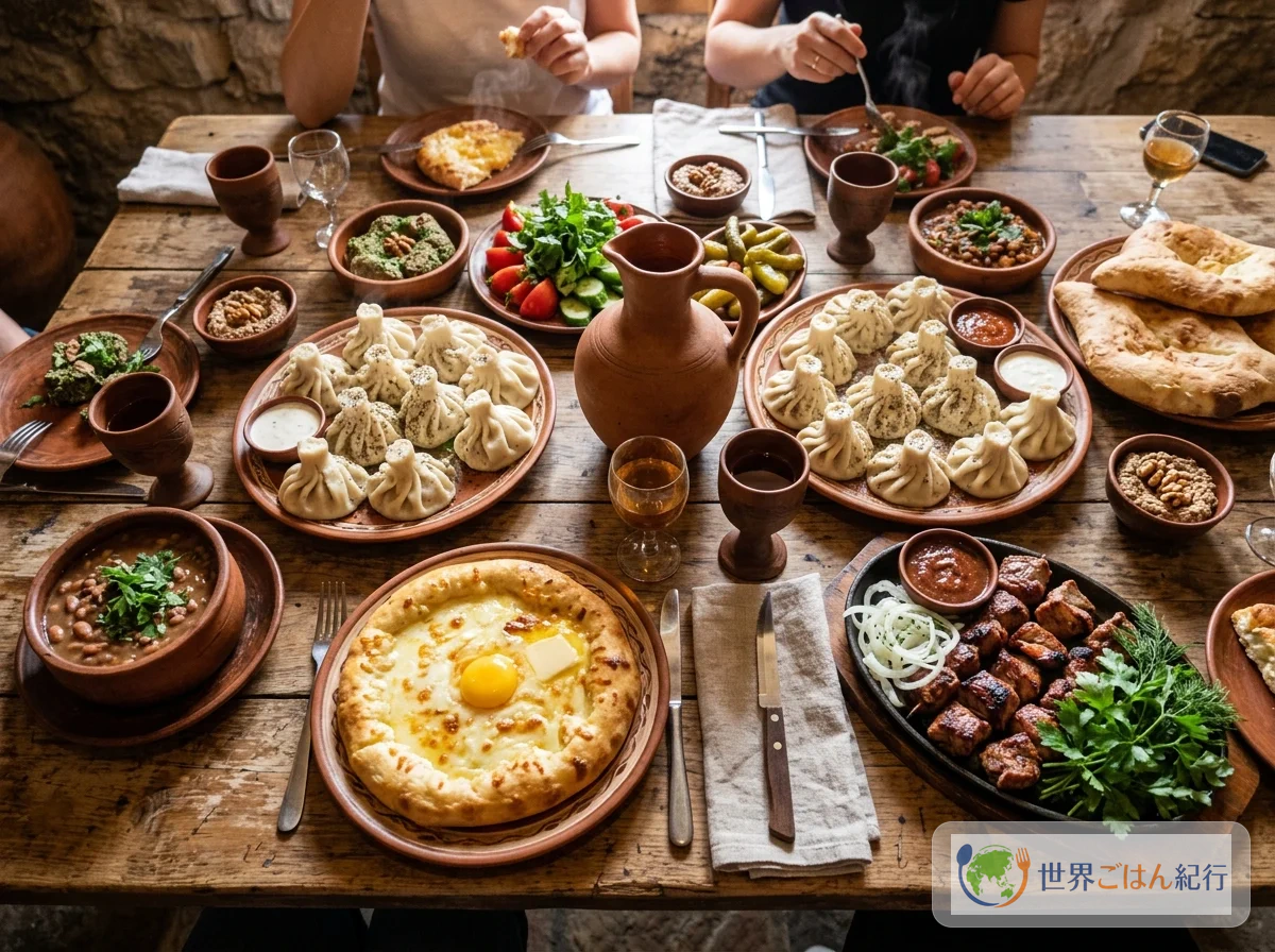 ジョージアの伝統的なスプラ（宴席）のテーブルに並ぶ料理