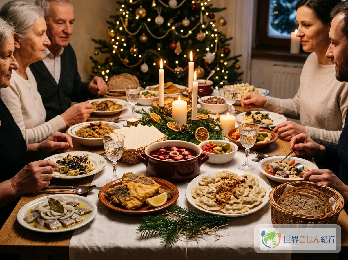 ポーランドのクリスマスイブの食卓に並ぶピエロギとその他の伝統料理