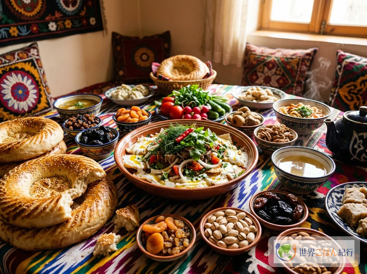 タジキスタンのダスタルハン(食卓布)。クルトブを中心に様々な料理、パン、ドライフルーツが並ぶ