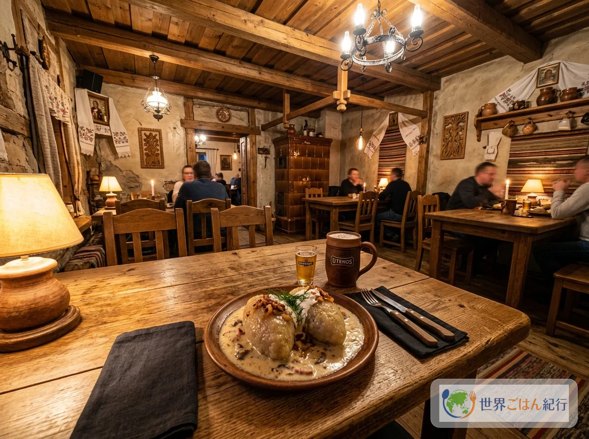 リトアニアの旧市街のレストランでツェペリナイを食べる風景