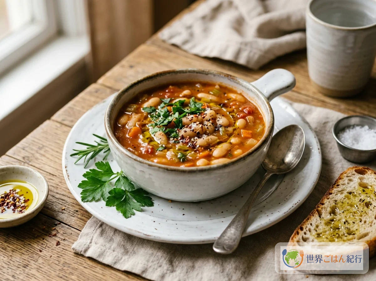 ギリシャの国民食ファソラーダ。白いんげん豆のスープが土色の器に盛られ、オリーブオイルがかかっている