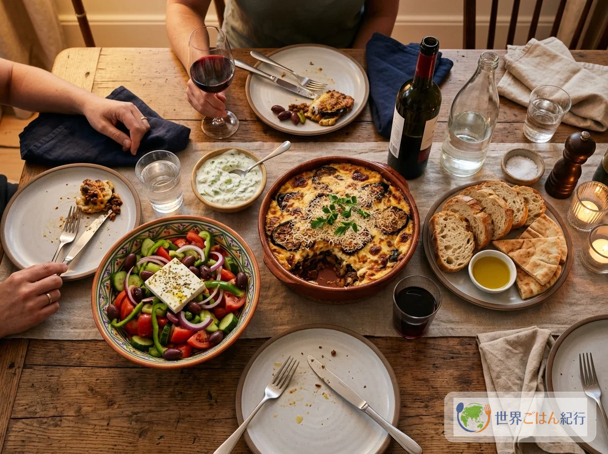 ムサカとギリシャ風サラダが並ぶ食卓の全体写真