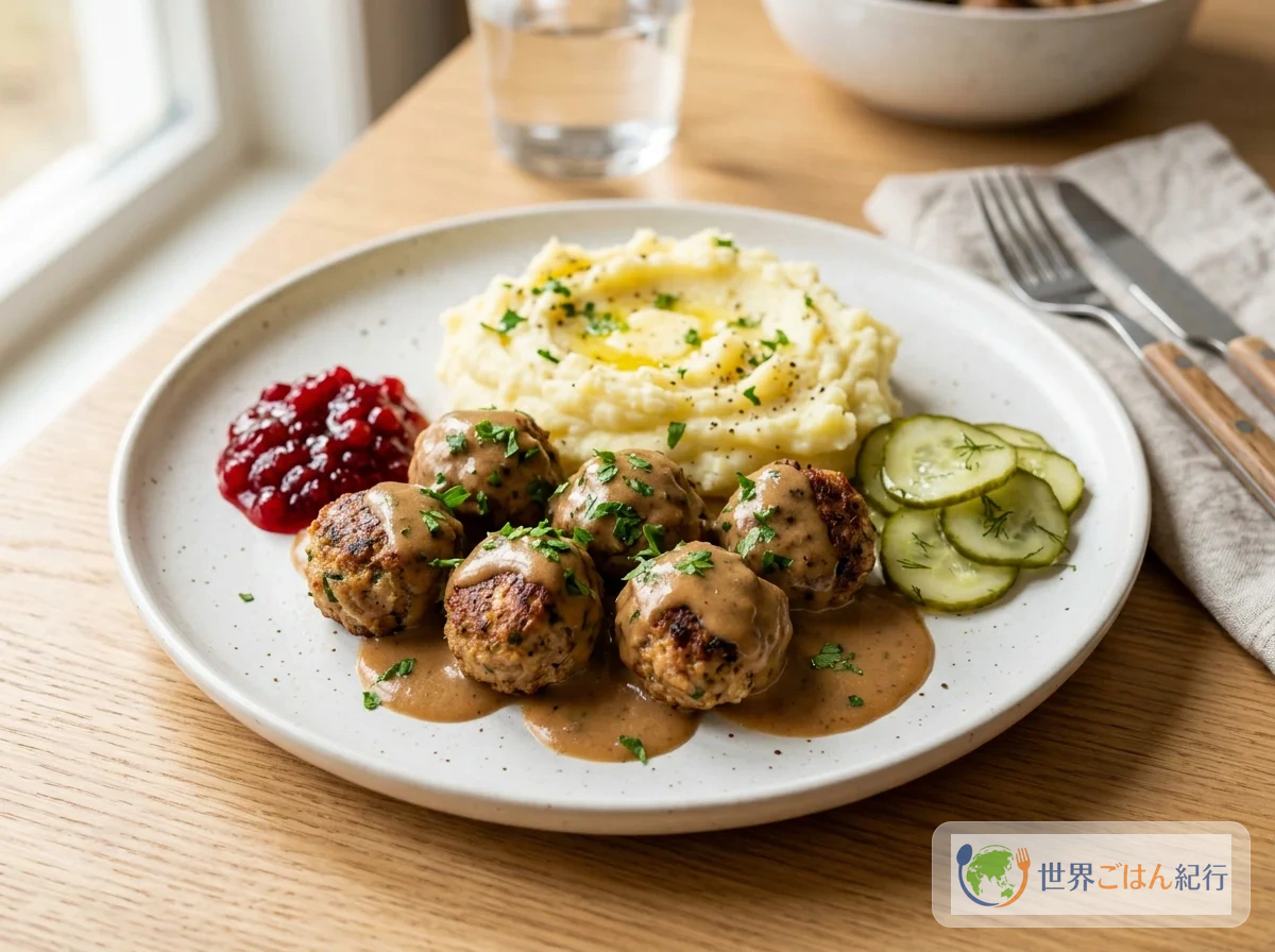 スウェーデンのショットブッラル。クリーミーなグレイビーソースがかかった肉団子にマッシュポテトとリンゴンベリージャムが添えられた一皿