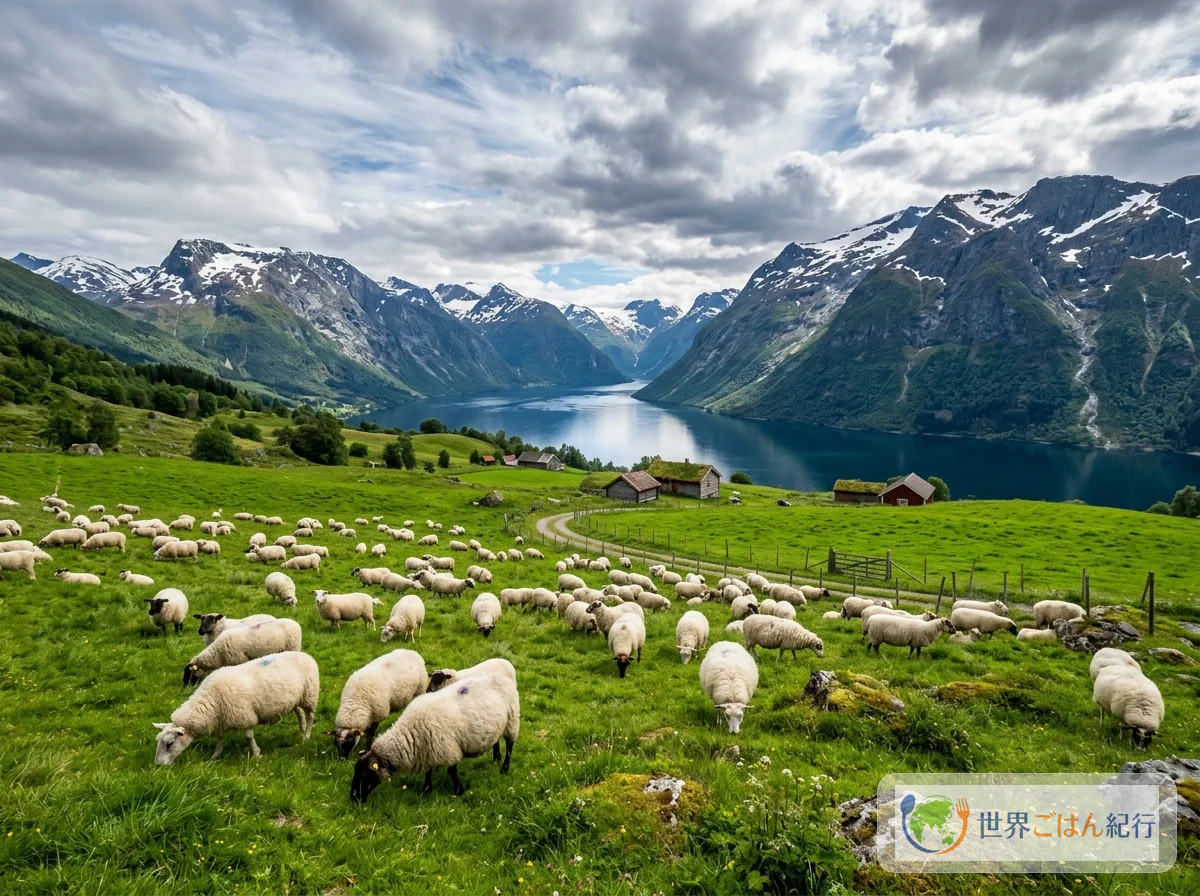 ノルウェーのフィヨルドと牧草地に羊が放牧されている風景
