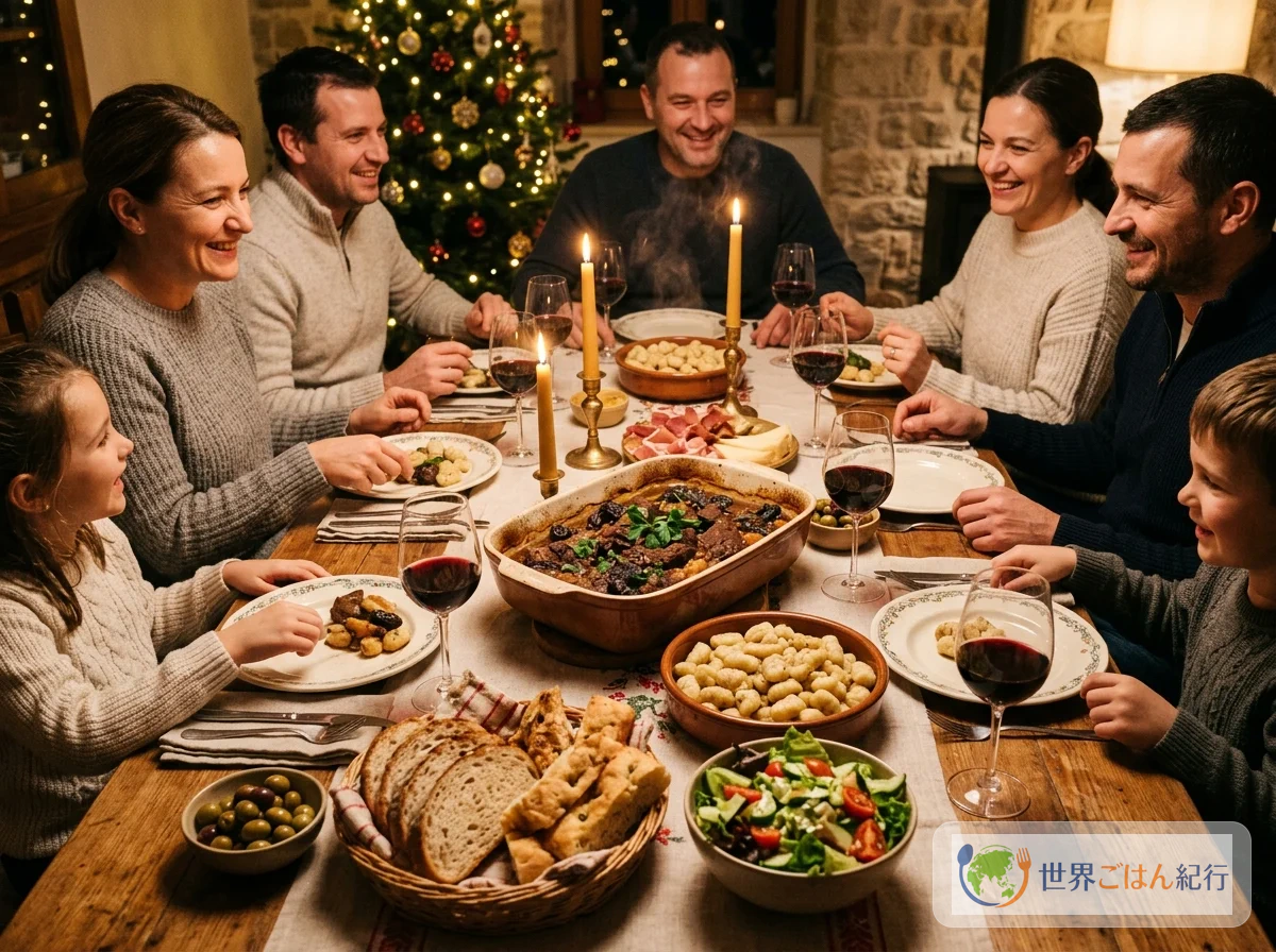 ダルマチア地方の伝統的なクリスマスの食卓。パシュティツァダを中心に家族が囲む様子