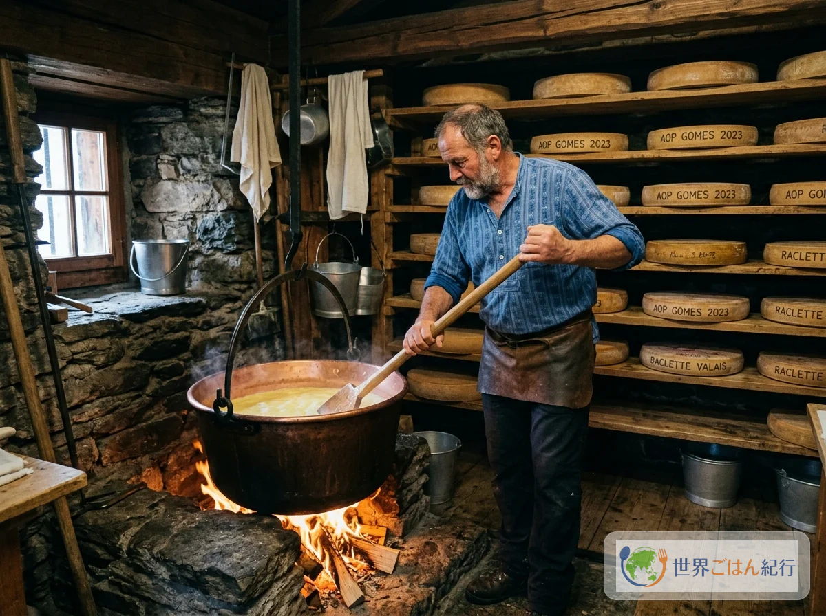 スイスの伝統的なチーズ小屋でラクレットチーズを作っている様子