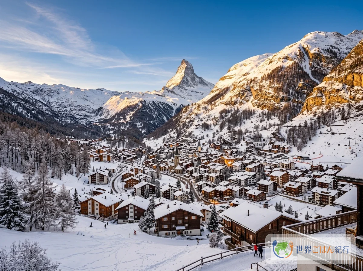 スイスのマッターホルンと冬のツェルマットの村の風景
