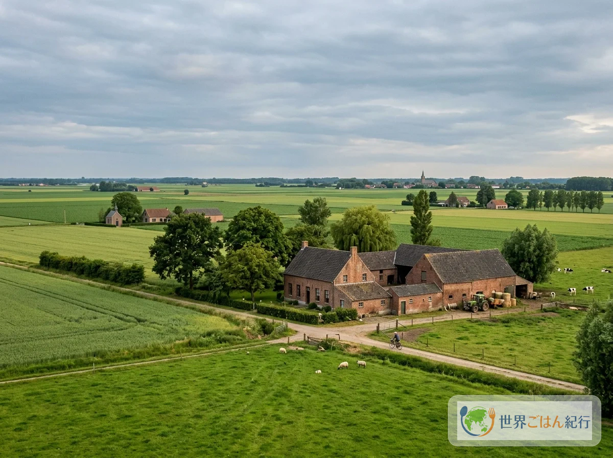 ベルギーのフランドル地方の田園風景。牧草地と古い農家