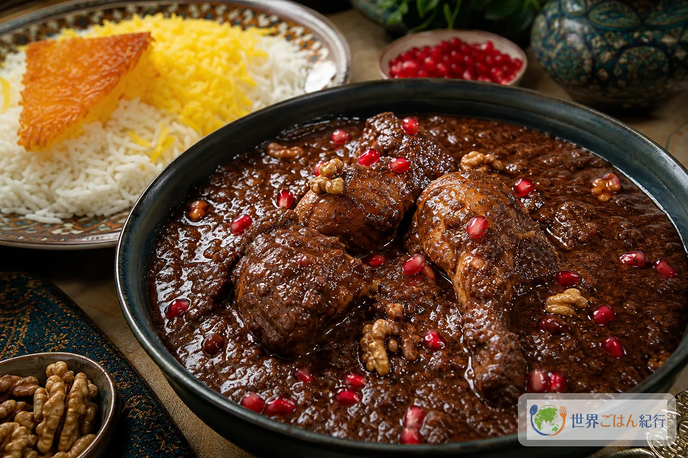 フェセンジャーン。ざくろとくるみの濃いソースで鶏肉を煮たイラン料理をサフランライスと盛り合わせた一皿