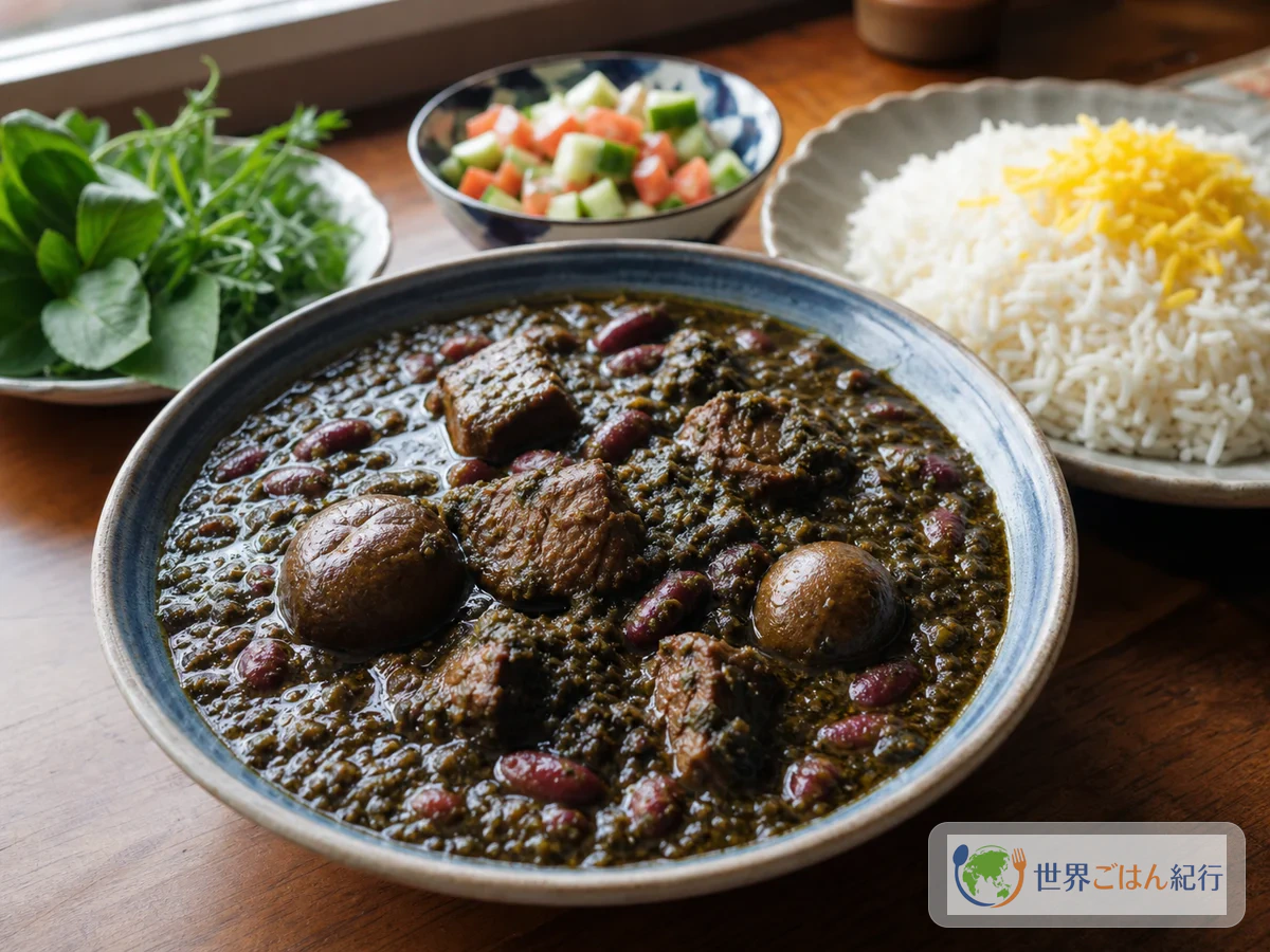 ゴルメサブジ。香草、牛肉、赤いんげん豆、ドライライムを煮込んだイランの緑の煮込みをバスマティライスと盛り合わせた食卓