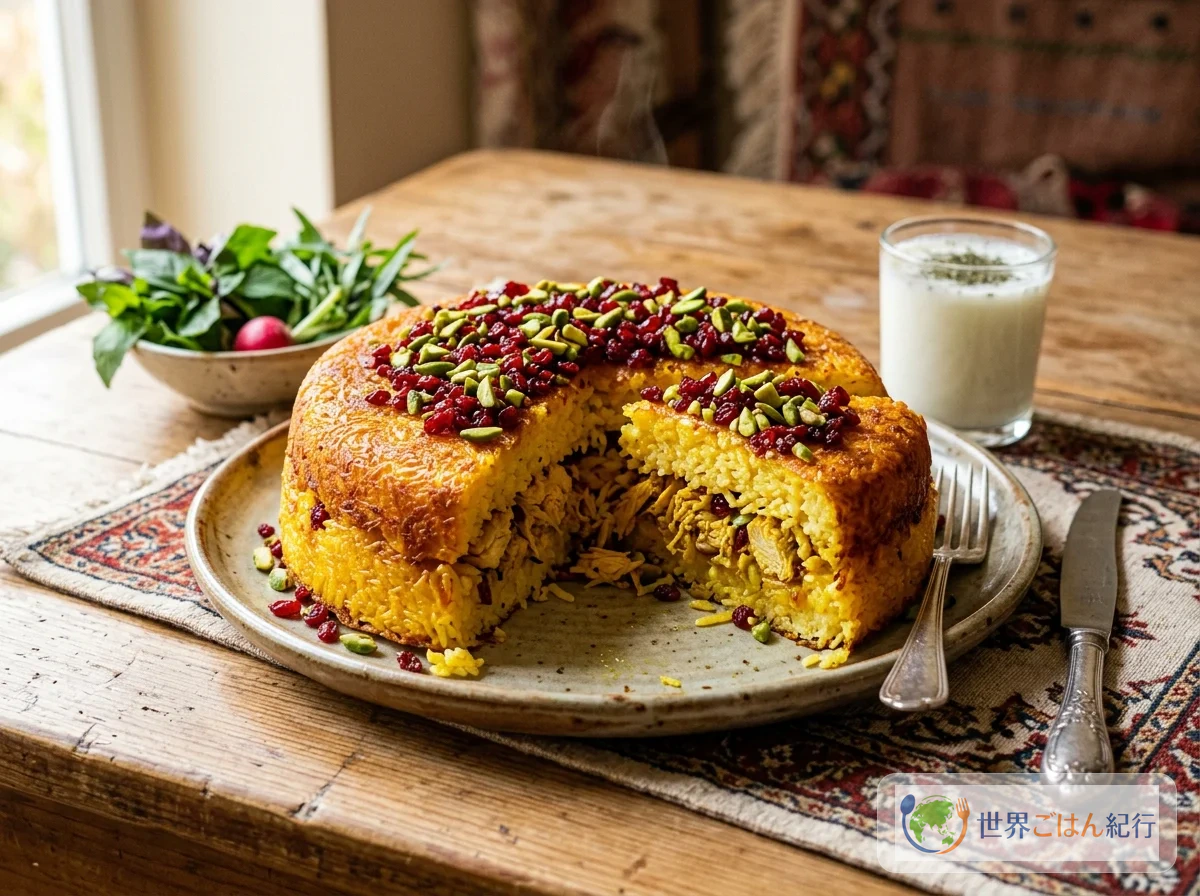 タフチン。サフランで黄金色に染まったペルシャライスケーキを切り分けた断面。バーベリーとピスタチオがトッピングされている