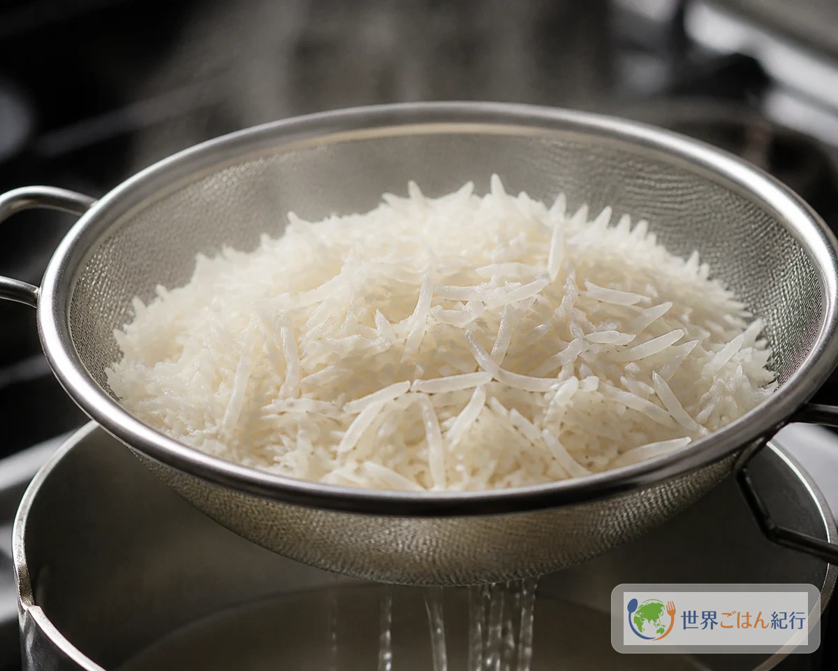手順3: 米をアルデンテまで半茹でする(8分)