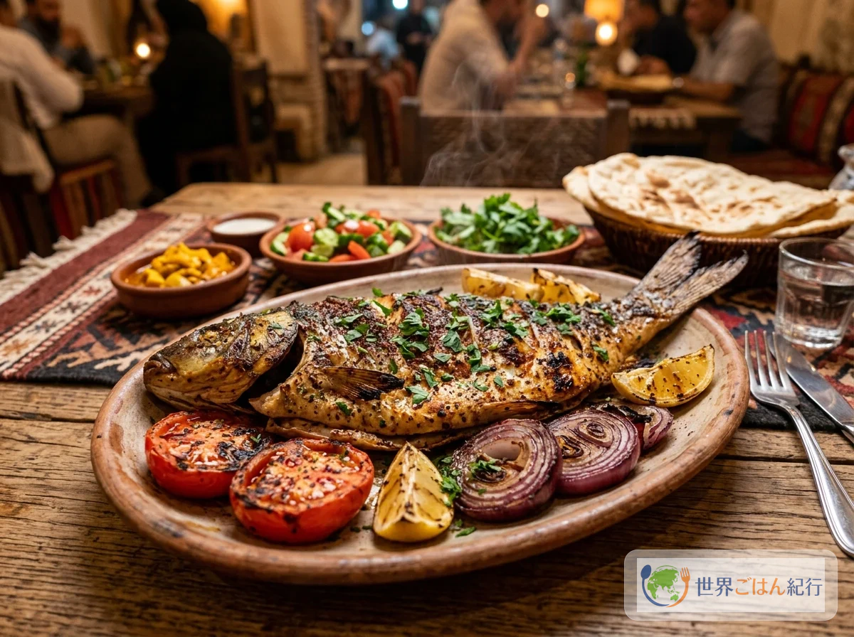 イラクの国民食マスグーフ。大きな魚を開いて炭火の前に立てかけて焼く伝統的な調理スタイル