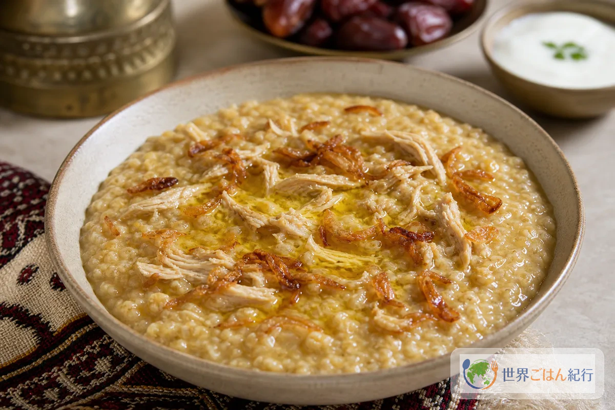 サウジアラビアのジャリーシュ。粗びき小麦と鶏肉をヨーグルトで煮た小麦粥に揚げ玉ねぎとギーをのせた料理
