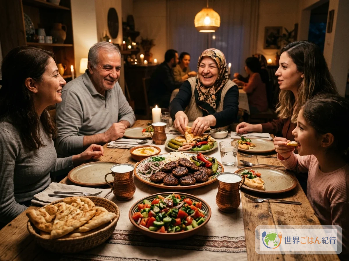 トルコの食卓でキョフテを囲む風景