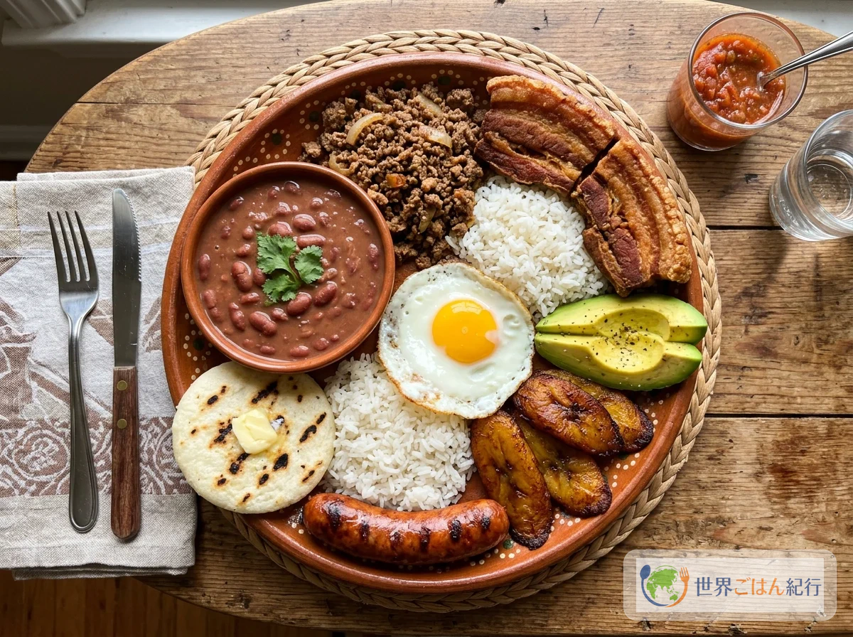 コロンビアの国民食バンデハ・パイサ。赤インゲン豆、白飯、挽肉、チチャロン、目玉焼き、プランテン、アレパ、アボカドが一皿に盛られた豪華なワンプレート