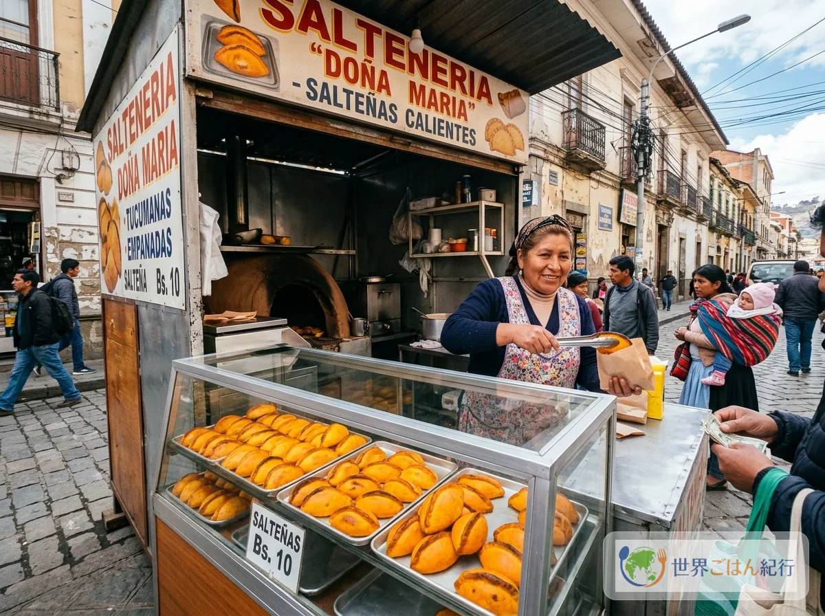 ボリビア・ラパスのサルテーニェリア。路上で焼きたてのサルテーニャが並ぶ