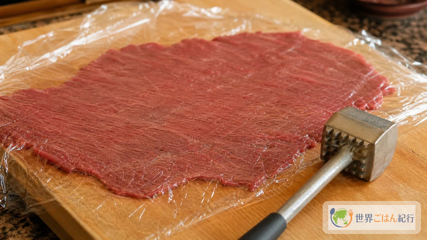手順1: 牛肉を薄くのばす