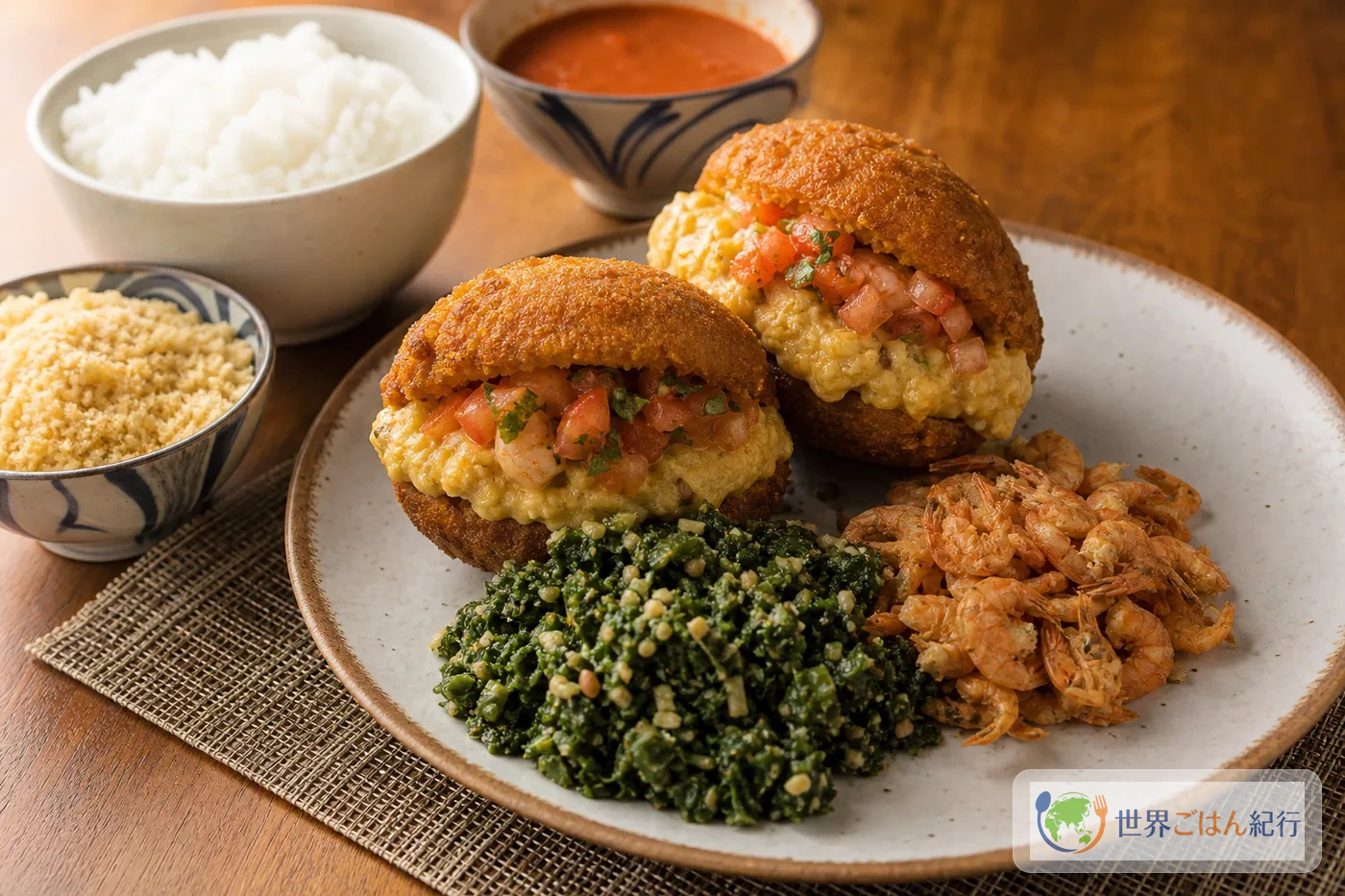 アカラジェ、ファロファ、青菜、干しえびを並べたブラジル料理の食卓