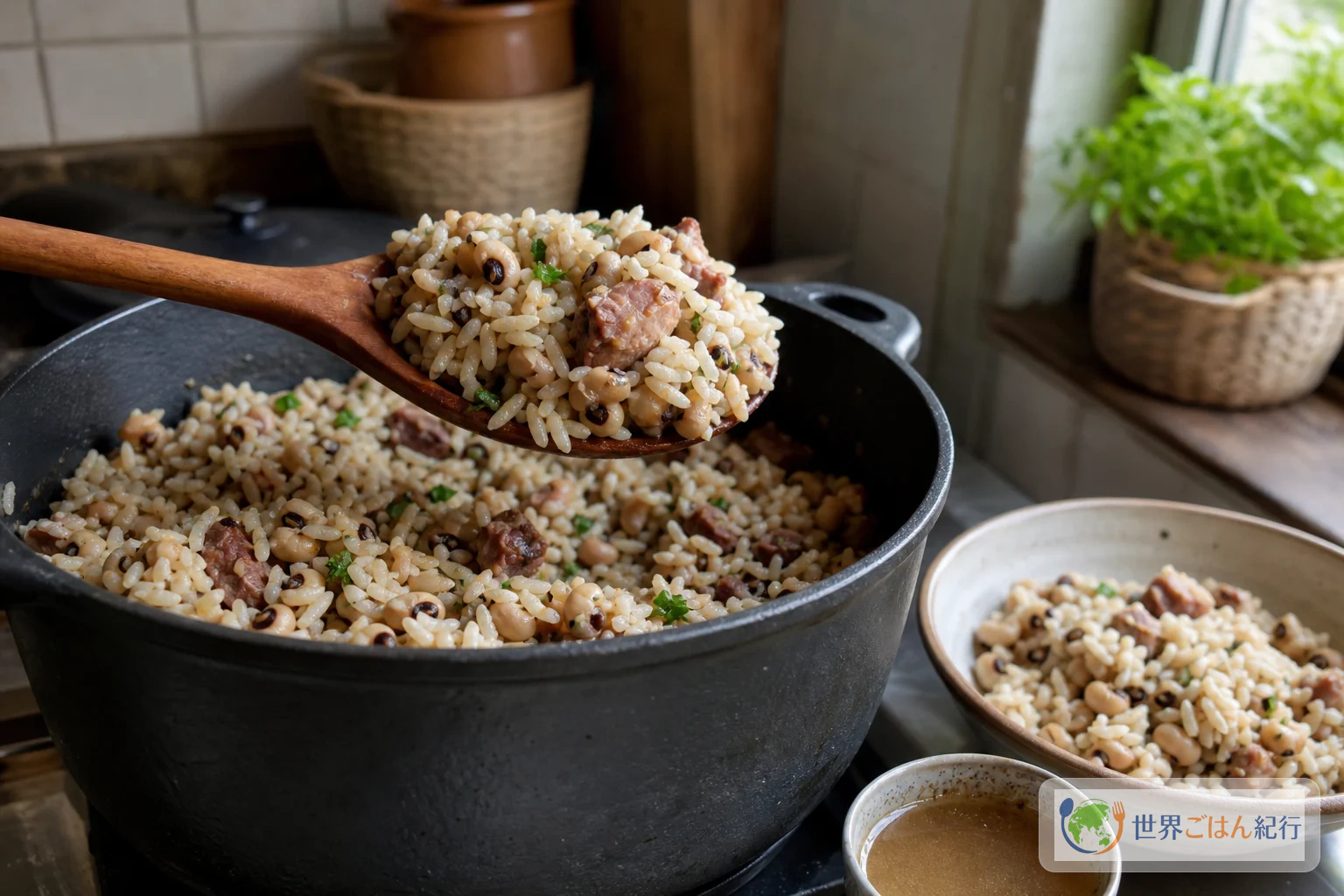 木べらでバイアォン・ジ・ドイスを一度だけ返し、米の粒と豆の形が残っている鍋の中