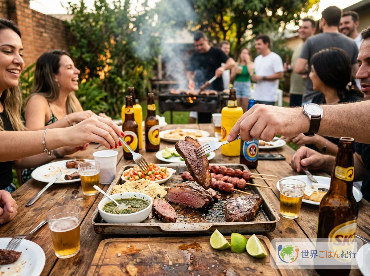 シュラスコパーティーの様子。テーブルに焼いた肉やビールが並ぶ賑やかな雰囲気