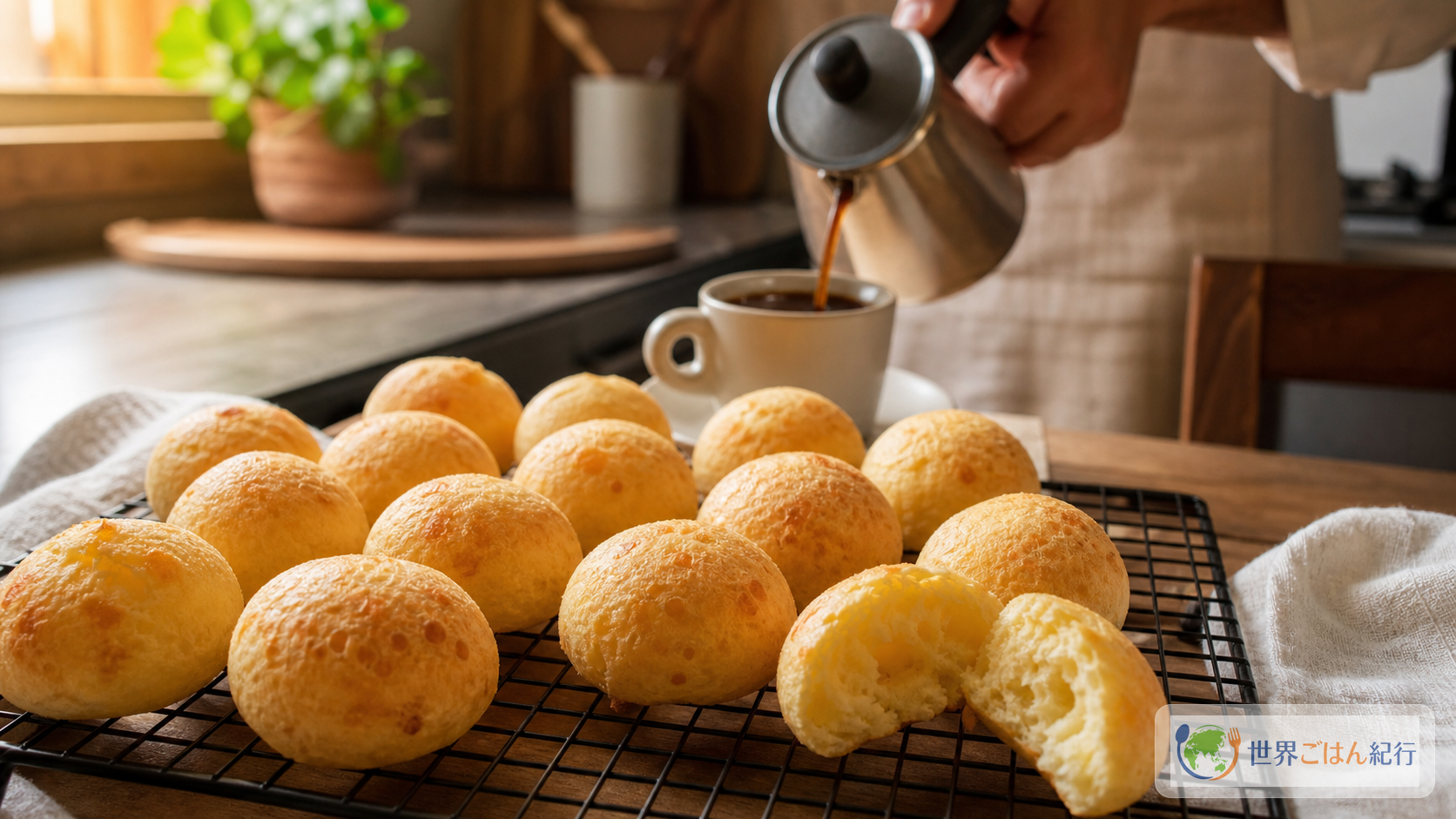 焼き上がったポンデケージョを網に並べ、割った一つとコーヒーを添えた食卓