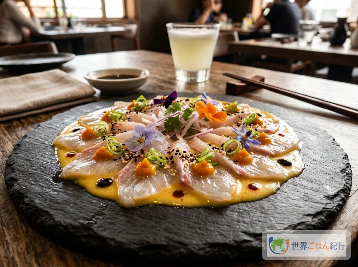 ニッケイ料理を代表するティラジノ(白身魚の刺身とセビーチェの中間)。日本の切り方とペルーの調味料が融合した一皿