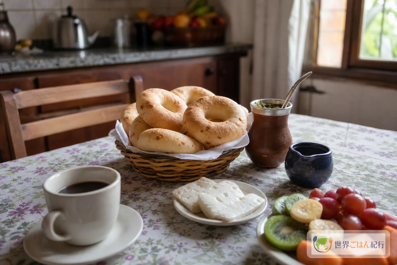 チパ・アルミドンをマテ茶、コーヒー、果物と並べたパラグアイ風の軽食